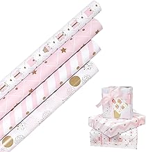 HBell Pink Wrapping Paper Rolls, 4 Rolls Birthday Gift Wrap Paper, Girls Gift Wrap 43cm x 3M for Mother's Day, Easter, Baby Shower, Party, Festive Decorations