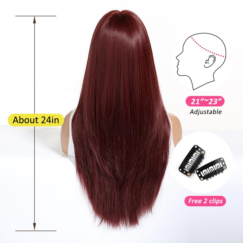OUFEI Wine Red Wigs for Women with Bangs Long Natural Straight Synthetic Hair Heat Resistant Wigs for Daily Party Cosplay Wear - Image 4