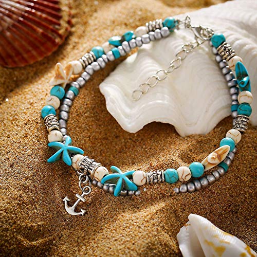 Image of Softones Blue Starfish Turtle Anklet Multilayer Charm Beads Sea Handmade Boho Anklet Foot Jewelry for Women