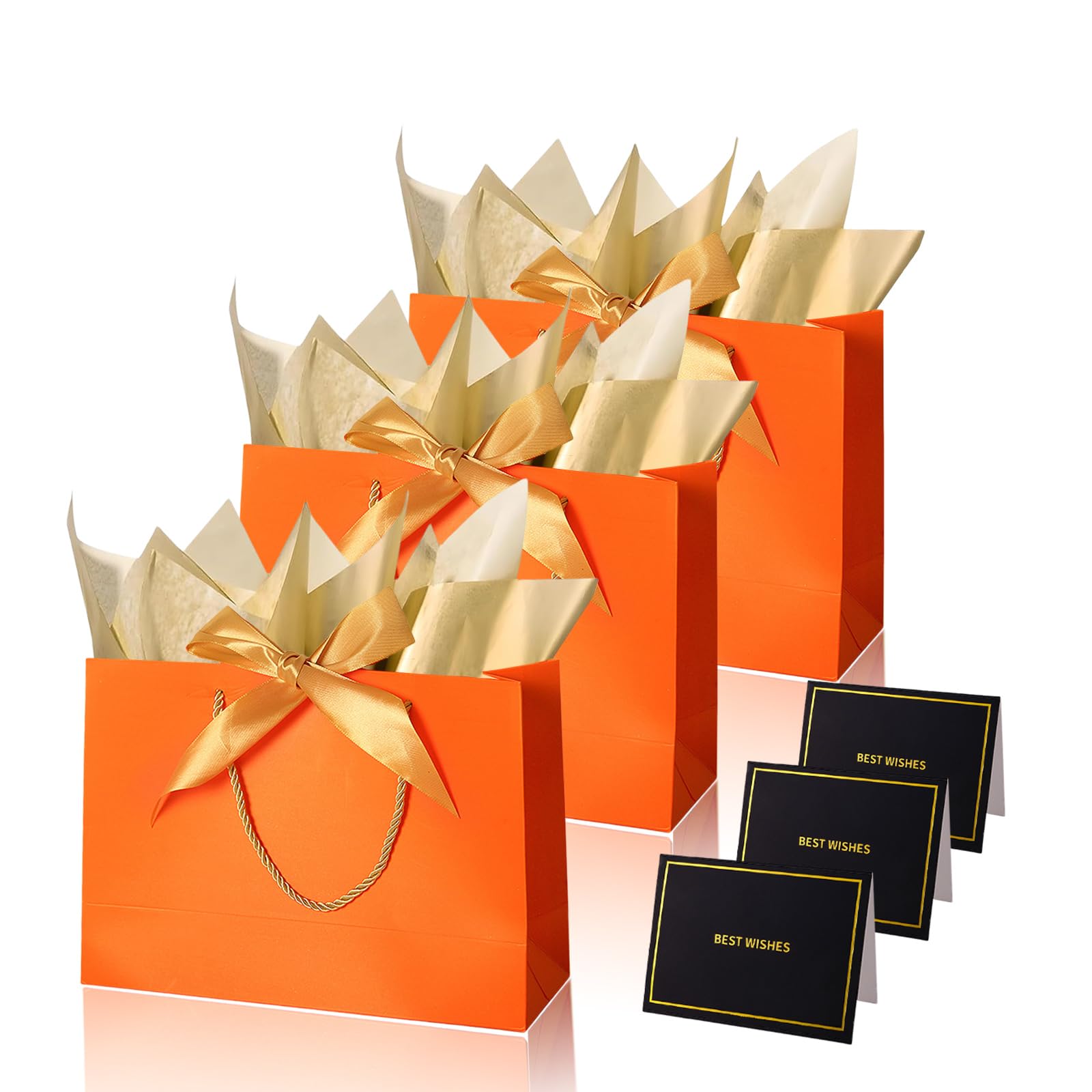 Orange Gift Bags for Presents,3P Medium Present Bags with 6 Metallic Gold Tissue/3 Card,Personalised Birthday Gift Paper Bag with Ribbon,28*20*10 Wrapping Bag for Christmas Thanksgiving Gift Party Bag — image 1