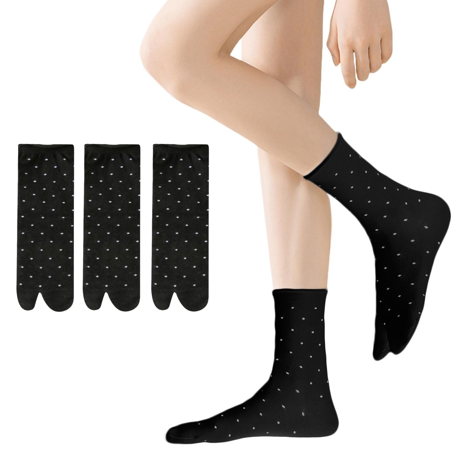 Hybursky Women's Black 3 Pairs Tabi Socks For Flip Flops Japanese Split Toe Calf Socks Casual Knit Sock For Girls(Black)