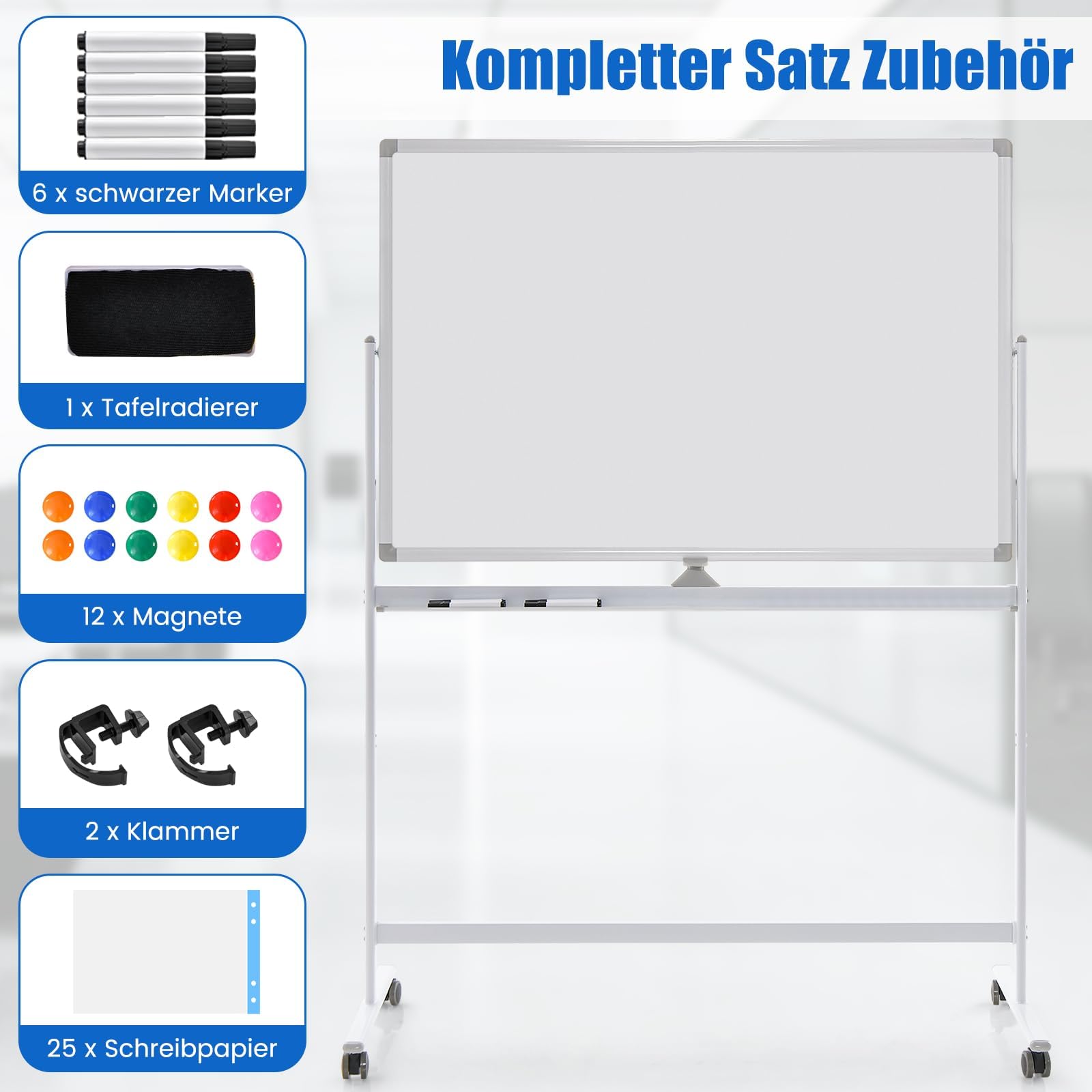 FANTASK Tableau blanc mobile double face - 120 x 80 cm - Réglable en hauteur - Avec roulettes - Support et porte-stylos - Accessoires inclus - Blanc