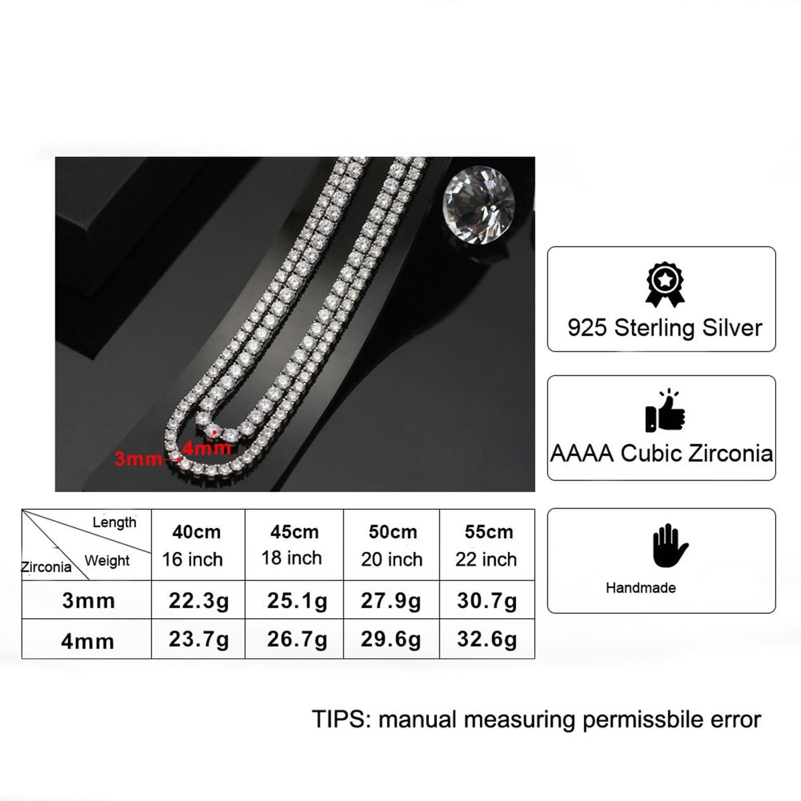 Collane in Argento Donna,Donna Catenella per Collana Argento Sterling 925 Catena da Tennis con Zirconia Cubica Collana Catene Argento