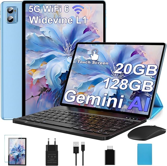 DEERTiME Tablet 10 Pulgadas Android Gemini AI, 20GB RAM+128GB ROM/TF 2TB, Octa-Core, 5G WiFi 6, Widevine L1, BT5.0, 8MP+5MP, Type-C, 6000mAh Batería, Tablet PC con Funda, Teclado y Ratón - Azul