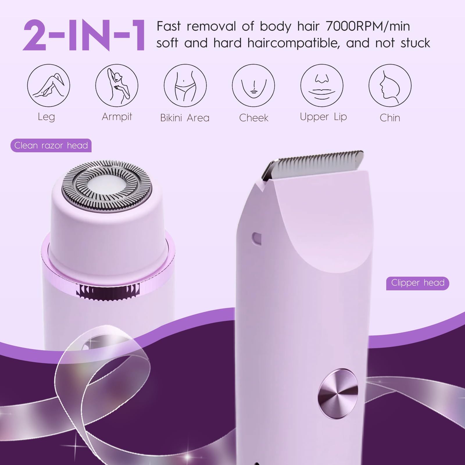 Rasoir Electrique Femme 2 in 1 Violet, IPX7 Étanche Rasoir, Tondeuse Femme Intime Tout-En-Un (Visage, Jambes, Aisselles & Corps), Tondeuse Bikini Rasoir Maillot