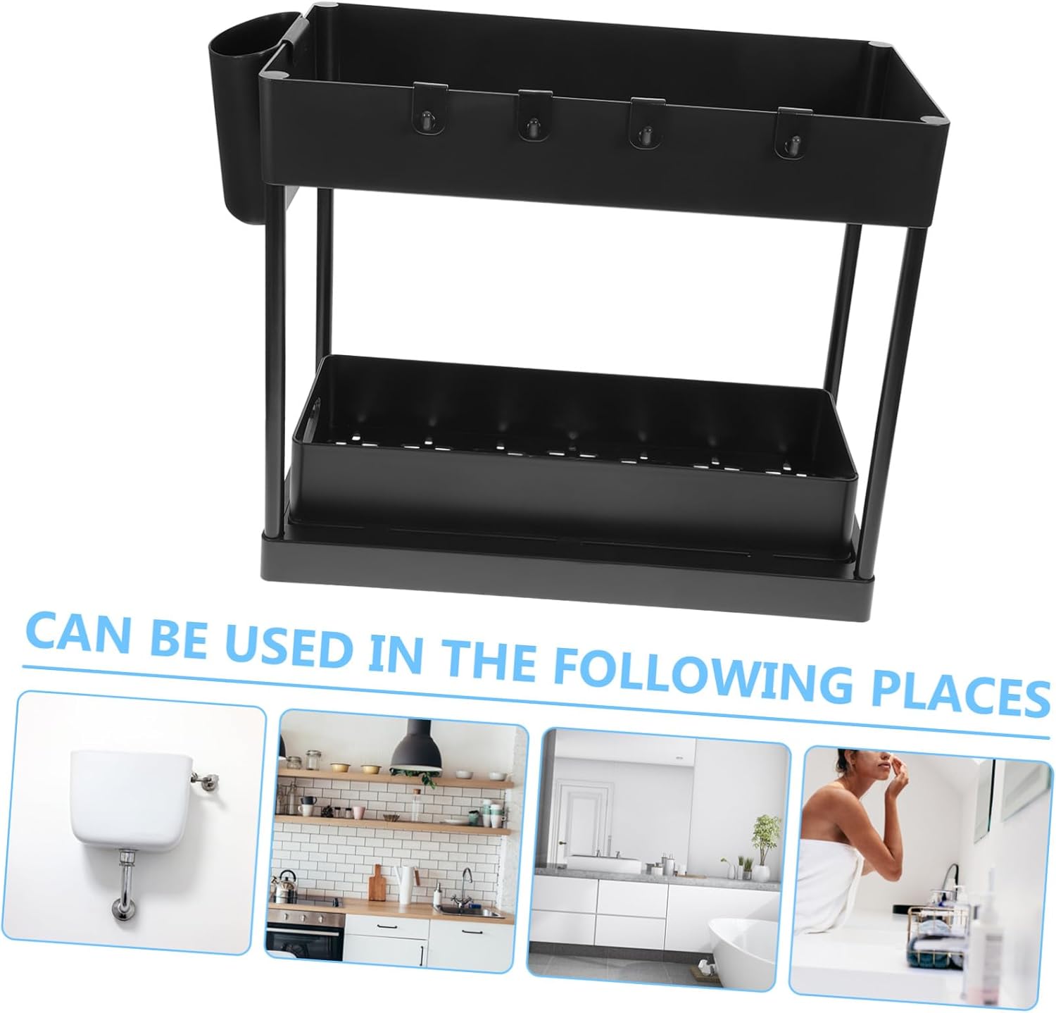 Under Sink Organizer Sliding Storage Rack Kitchen Cabinet Basket with Hooks and Cup Holder Black Abs Shelf for Bathroom and Kitchen Storage