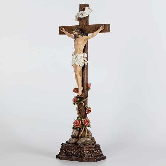 Grace4Joy Standing Crucifix Catholic 14.5 Inches Cross: Jesus Christ Table Standing Cross with Rose-Decorated Base, Hand Painted Home Altar Decor
