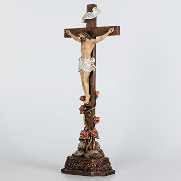 Grace4Joy Standing Crucifix Catholic 14.5 Inches Cross: Jesus Christ Table Standing Cross with Rose-Decorated Base, Hand Painted Home Altar Decor