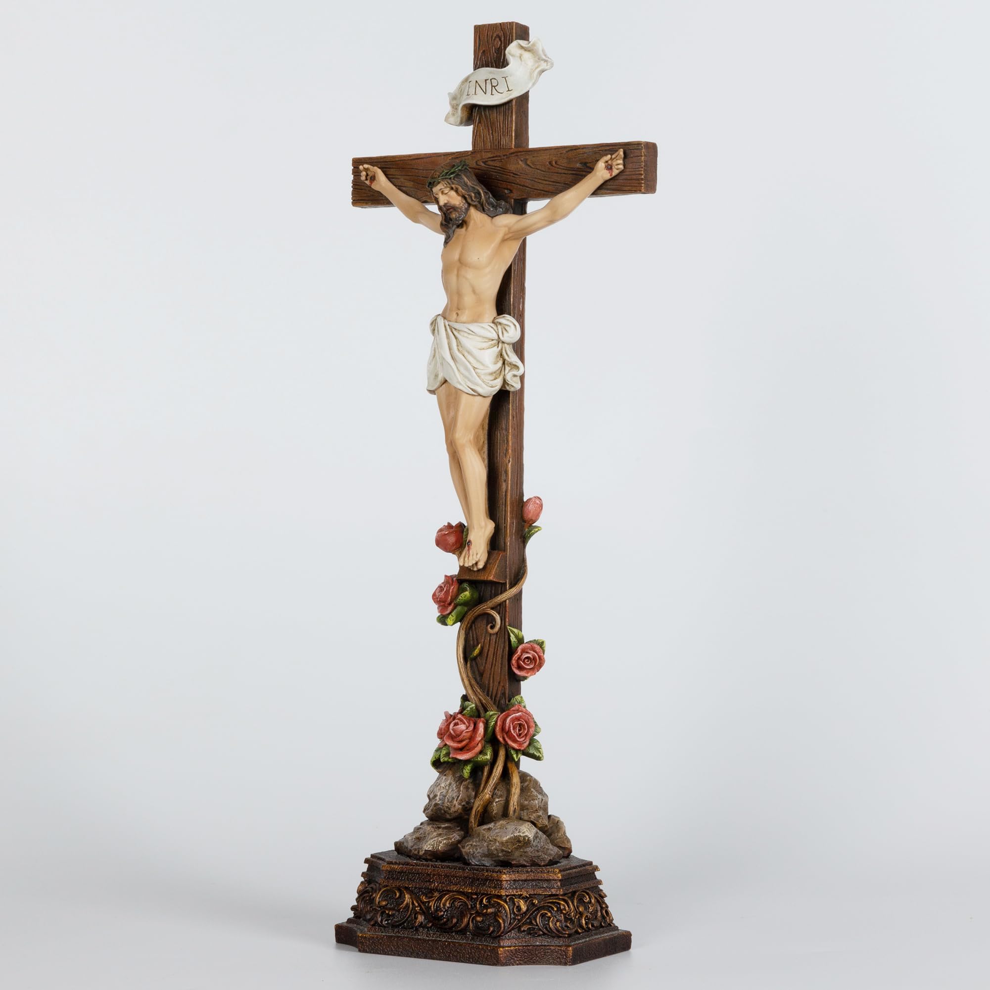 Grace4Joy Stehendes Kruzifix, katholisch, 36,7 cm, Kreuz: Jesus Christus, Tischstehendes Kreuz mit Rosenverzierung, handbemalt, Heim-Altar-Dekor