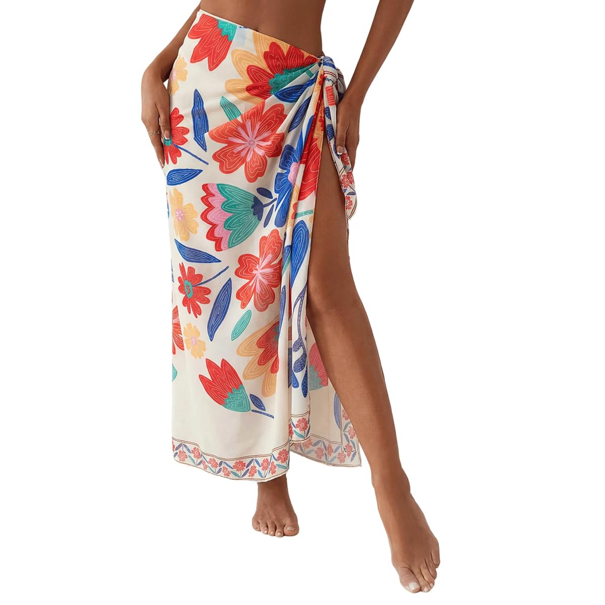 Beach Sarong Chiffon Wrap Skirt,High Slit Tropical Floral Print Swimsuit Cover Up, Quick-Dry Chiffon Beach Wrap for Women, Vacation Poolside & Resort Wear,140x115cm