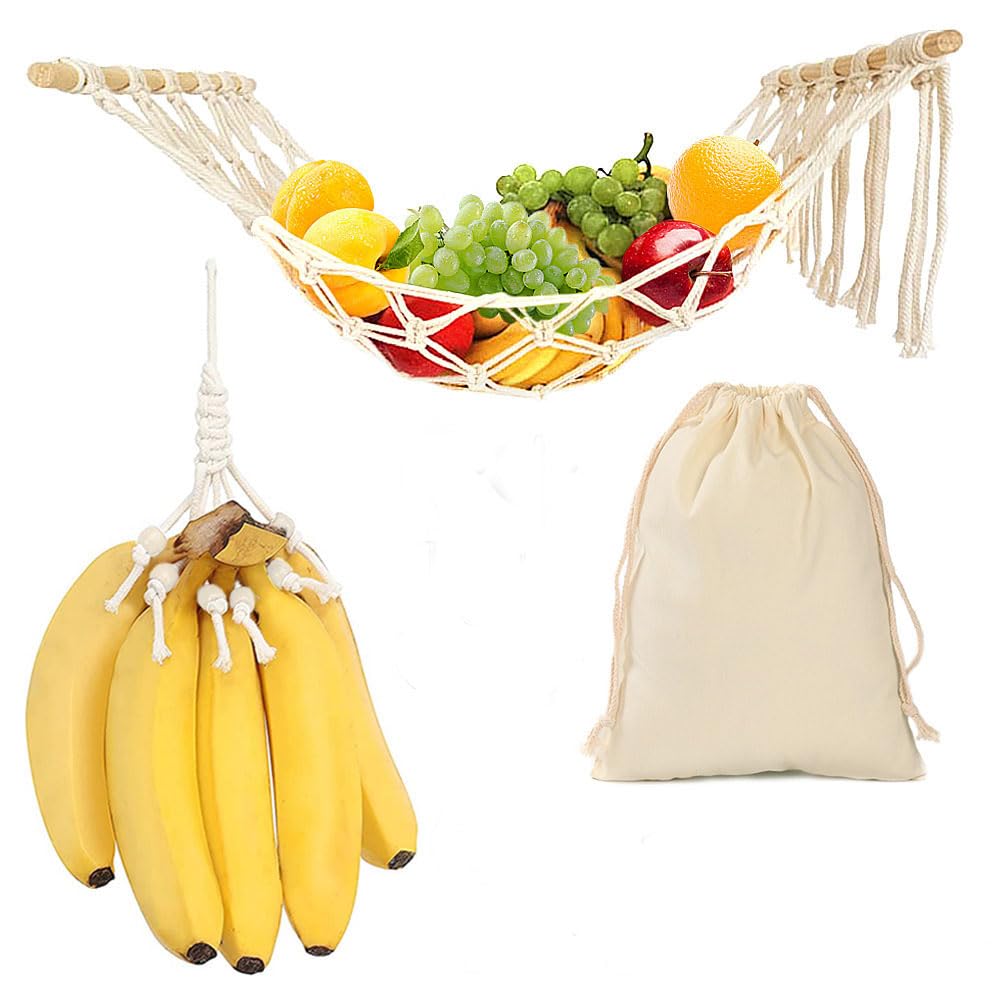 Meltset Hanging Fruit Hammock For Kitchen Under Cabinet, Macrame Veggies Produce Hammock & Banana Bungee Hanger & Drawstring Bag, Boho Decor for More Counter Space at Boat Camper RV