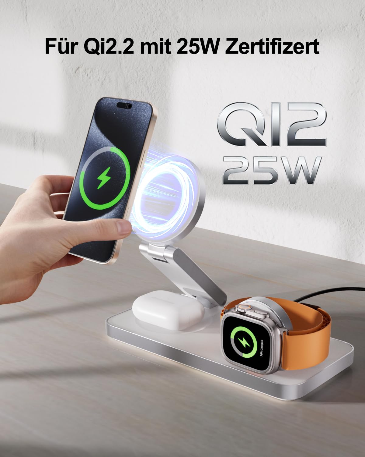 QTlier Qi2.2 stacja ładująca 3 w 1 iPhone do serii 17/16/15/14/13/12, bezprzewodowa ładowarka 25 W do Apple Watch 10/9/8/7/6/5/4/3 i AirPods, biała
