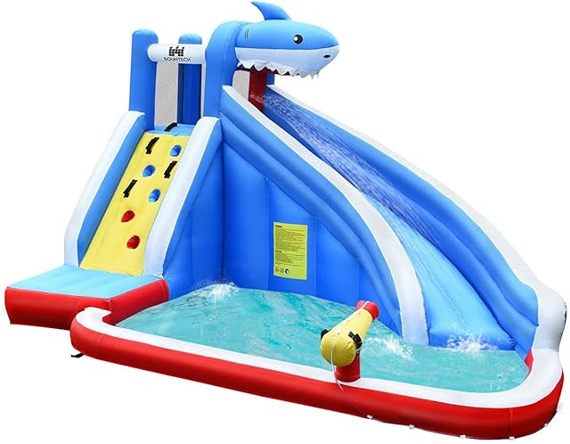 COSTWAY Inflatable Water Slide, Kids Bounce House with Climbing Wall, Splash Pool & Water Cannon, Outdoor Summer Blow Up Activity Center for Kids (Shark)