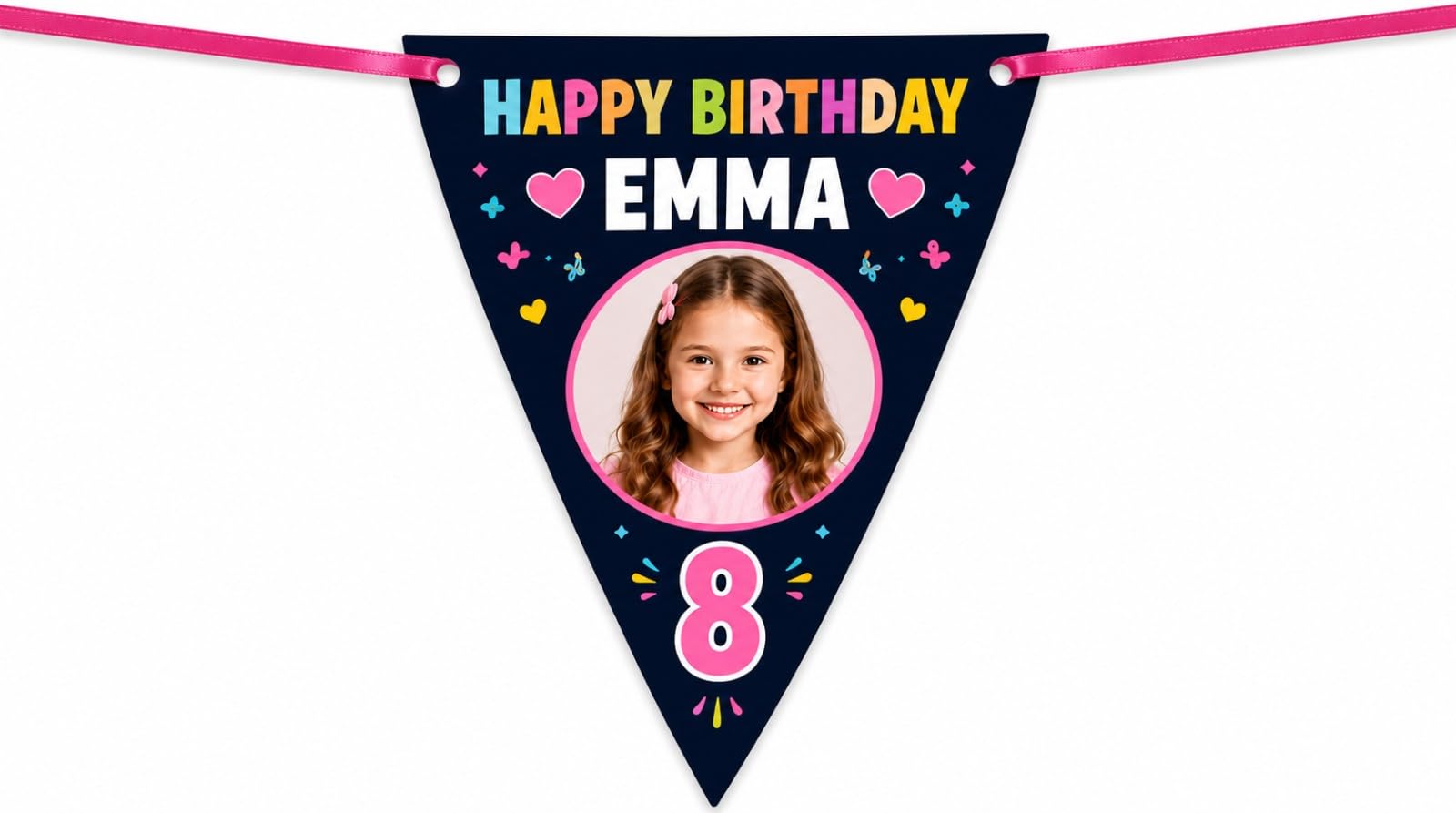 Personalised Happy Birthday Photo Banner, Triangle Bunting with Pre-Threaded Satin Ribbon, Glossy Paper, 2 Metre