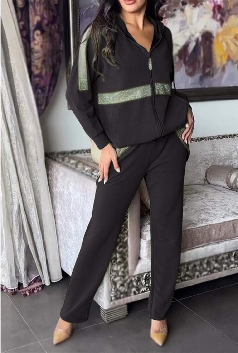 Damski cekinowy zdobiony jednolity kolor na co dzień 2-częściowy zestaw, bluza z kapturem zapinana na zamek bluza z kapturem joggery spodnie dresowe zestawy (czarny, 3XL), Czarny, 3XL