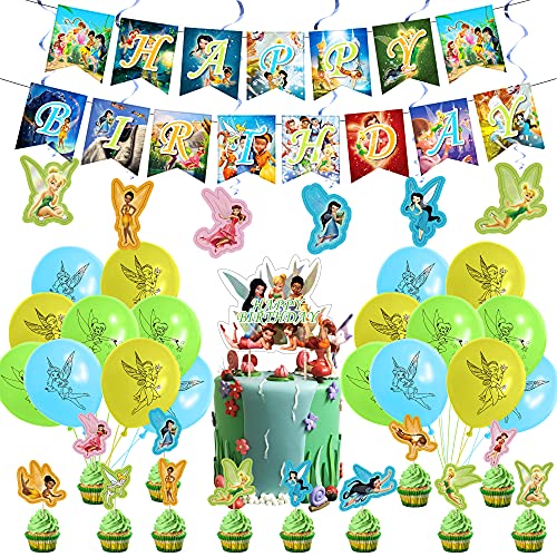 Tinker Bell Birthday Party Decorations,Fairy Themed Party Suppliers with Happy Birthday Banner,Cake Cupcake toppers,Latex Balloons and Swrils Decorations for Kids Adults Birthday Party