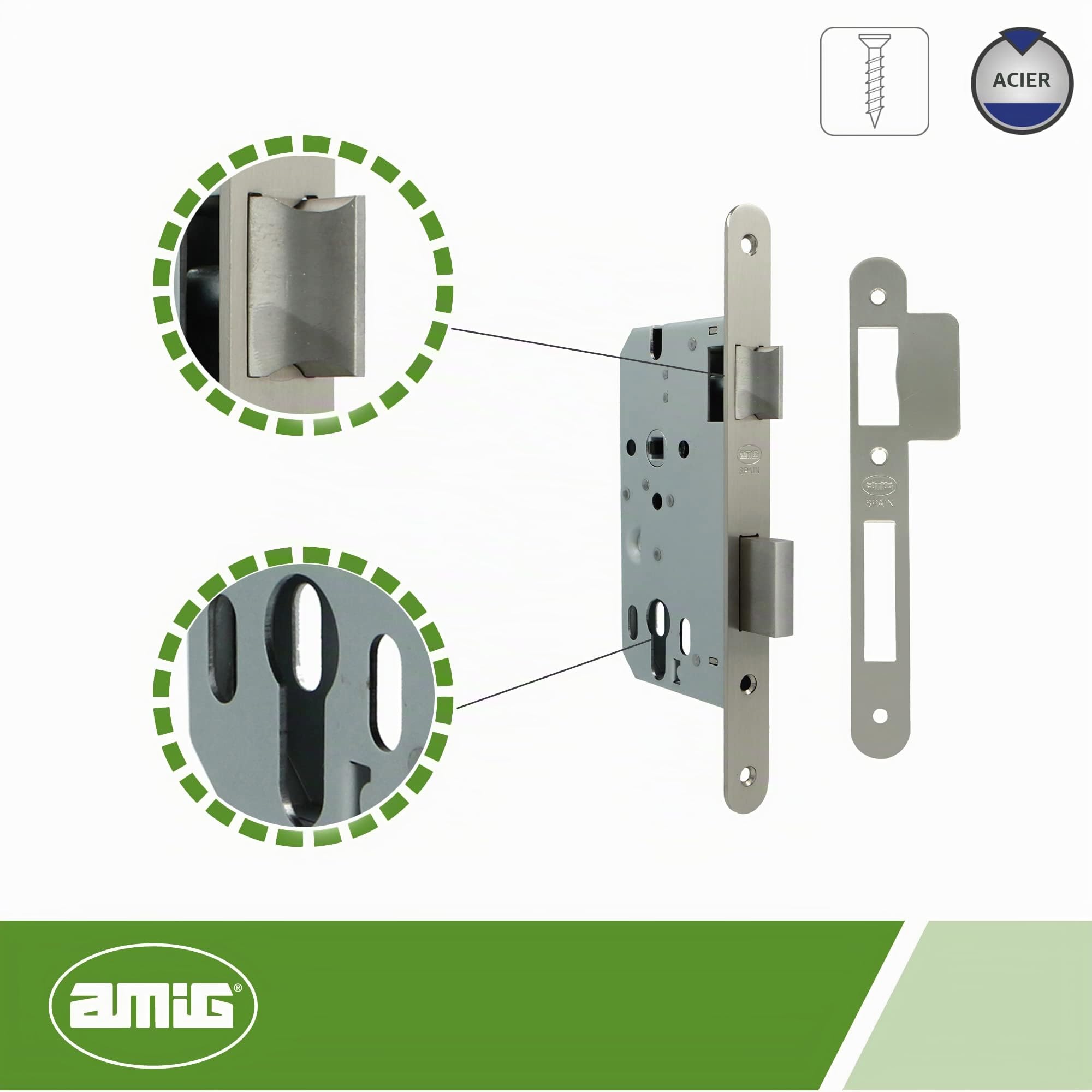 Amig - Serrure Encastrée pour Portes en Bois - Avec Gâche de Fermeture - Face et Support à Angle Rond - Entrée de 50 mm - Pêne réversible - Acier - Argent Mat - 230 mm