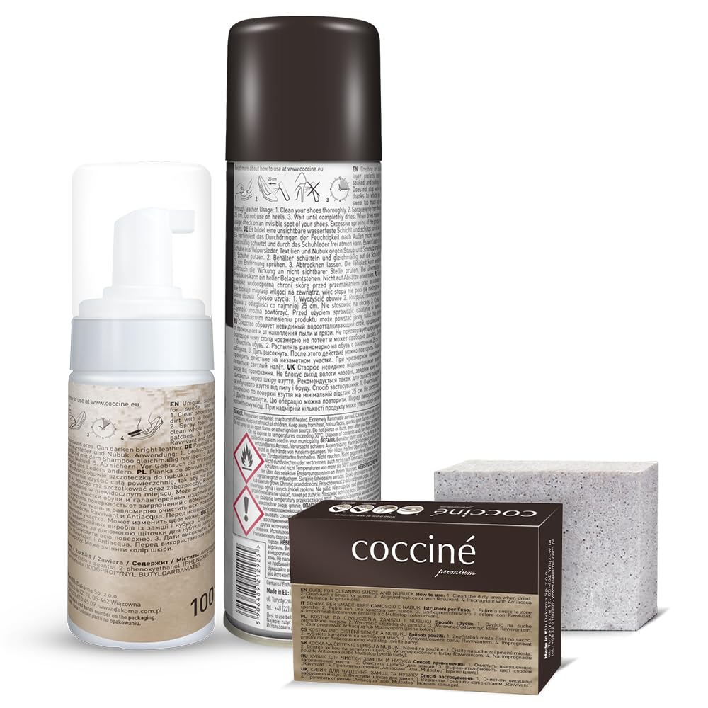 Cocciné - Kit Per Pelle Scamosciata e Nabuk, Spray Impermeabilizzante + Pulitore per Nabuk + Cubo per Pulire, Protettore per Scarpe in Pelle, Schiuma Detergente