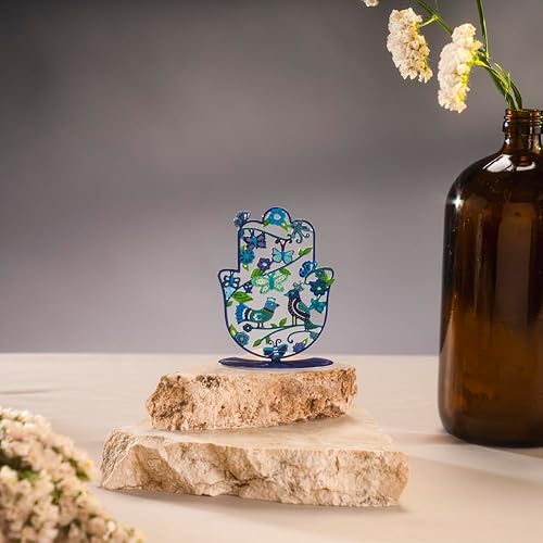 Yair Emanuel - Amuleto pequeño de mano Hamsa de pie de 4 pulgadas, colorido dije de buena suerte, soporte de Hamsah bendición para el hogar, regalo