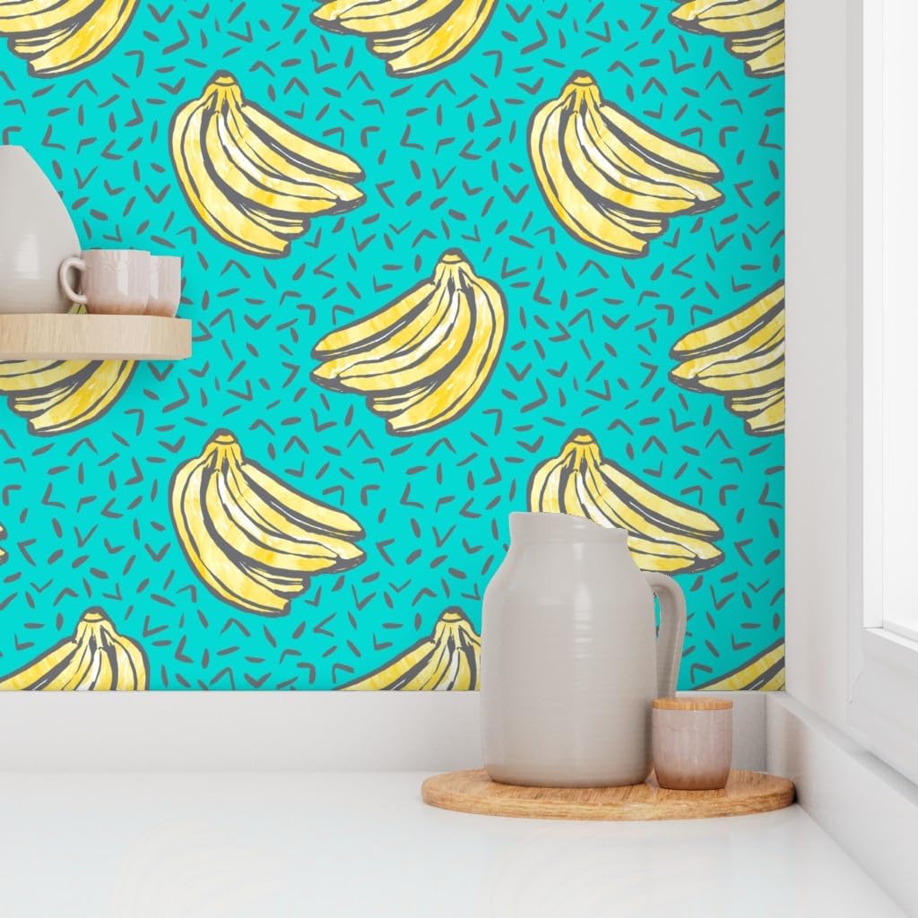 Peel & Stick Wallpaper Swatch - Teal Small Scale Pattern Turquoise Blue Bananas Memphis Watercolor 80S Retro Custom Removable Wallpaper by Spoonflower