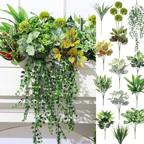 Giegxin 18 Pcs Outdoor Artificial Plants Flowers UV Resistant Fake Bushes Greenery Stems Faux Shrubs for Outdoor Window Box Patio Porch Yard Decor(Plant)