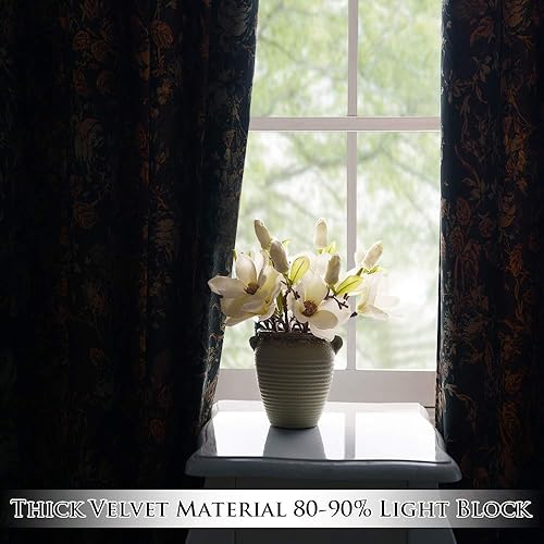 Miniatura 6 de StangH Cortinas de terciopelo negro para sala de estar  Elegante decoración del hogar, cortinas de terciopelo grueso y pesado con patrón floral