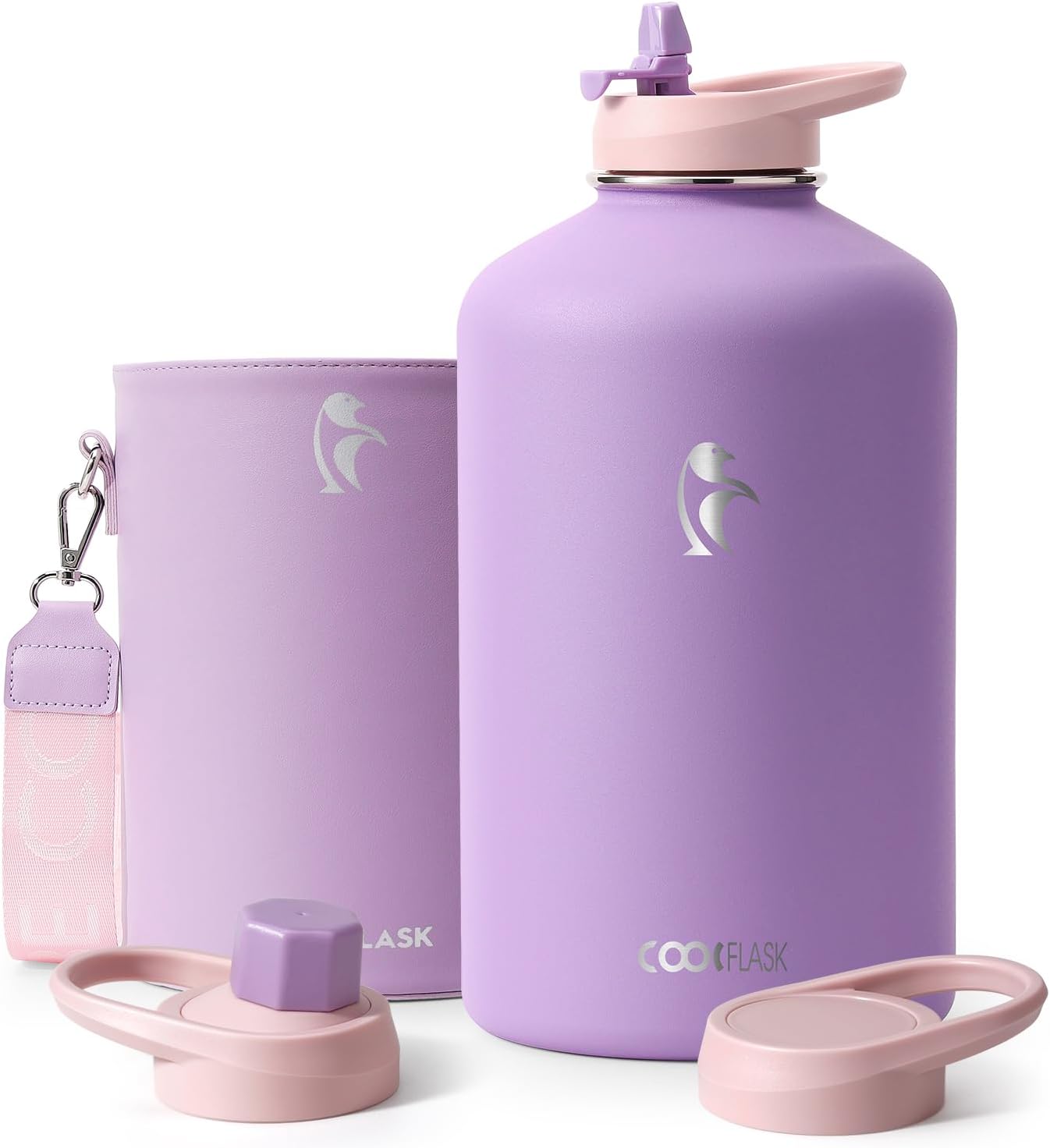 Coolflask Gallon Water Bottle Insulated with PU Leather Sleeve, 128 oz Water Bottle Color Contrast with Straw Lids, Stainless Steel Metal Large Water Jug, Keep Cold 48h Hot 24h,Lilac Purple