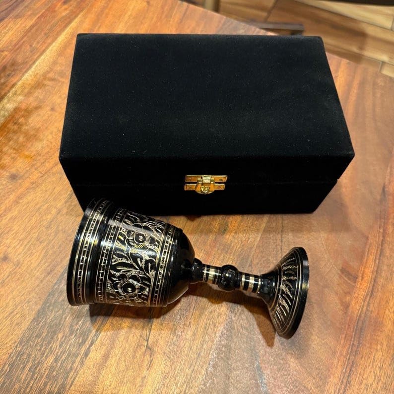 Vintage Engraved Brass Wine Chalice Goblet 6 Inch With Black Box 6 Inch