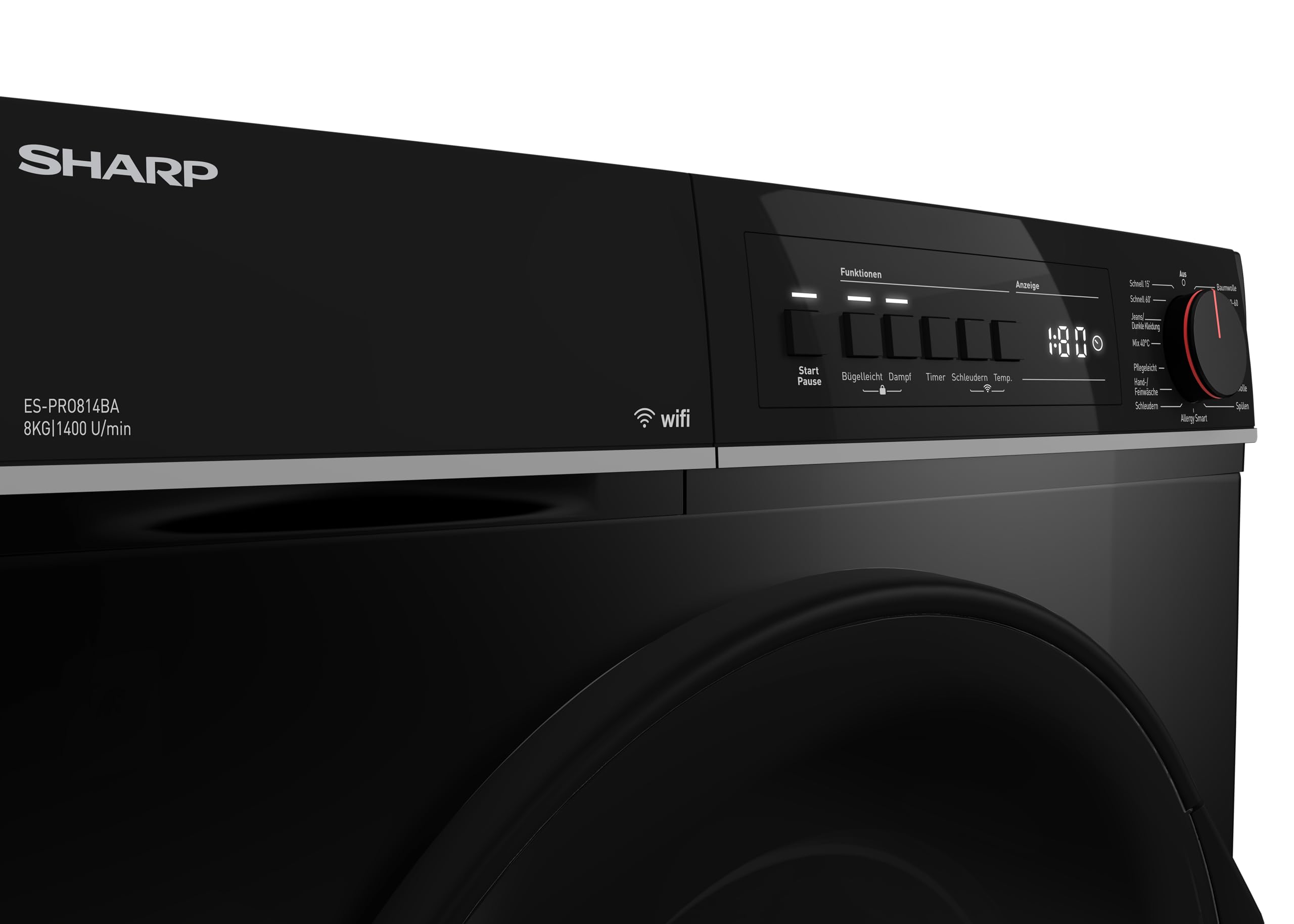 SHARP ES-PRO814BA-DE Waschmaschine 8 kg EEK A 1400 U/min WiFi Inverter Motor Dampf AquaStop Schwarz