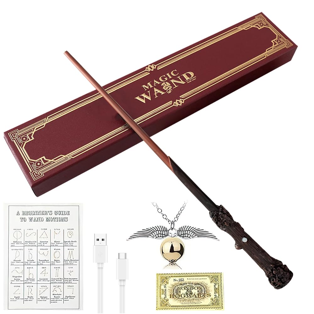YANGUN Harry Zauberstab mit Licht, 35CM Elderstab HPotter Glühen, Zauberstab aus Harz, Magic Wand in Geschenkbox mit Zauberspruch-Karte, Halskette und Stationsticket, für Spielzeug Cosplay