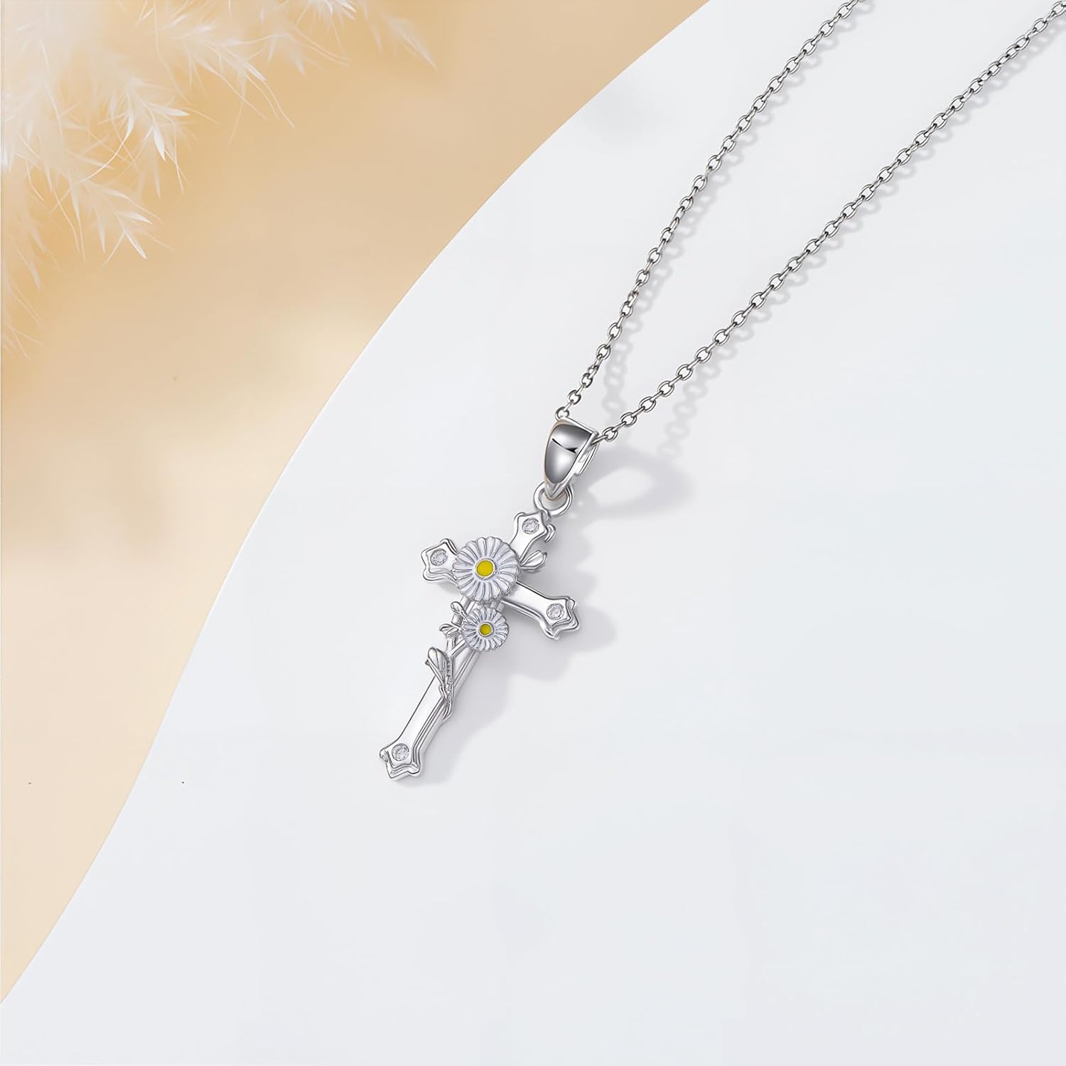 Flower Cross Necklace for Women with Diamonds 925 Sterling Silver 12 Month Birth Flower Necklace Mother's Day Birthday Jewelry Gift - Image 3