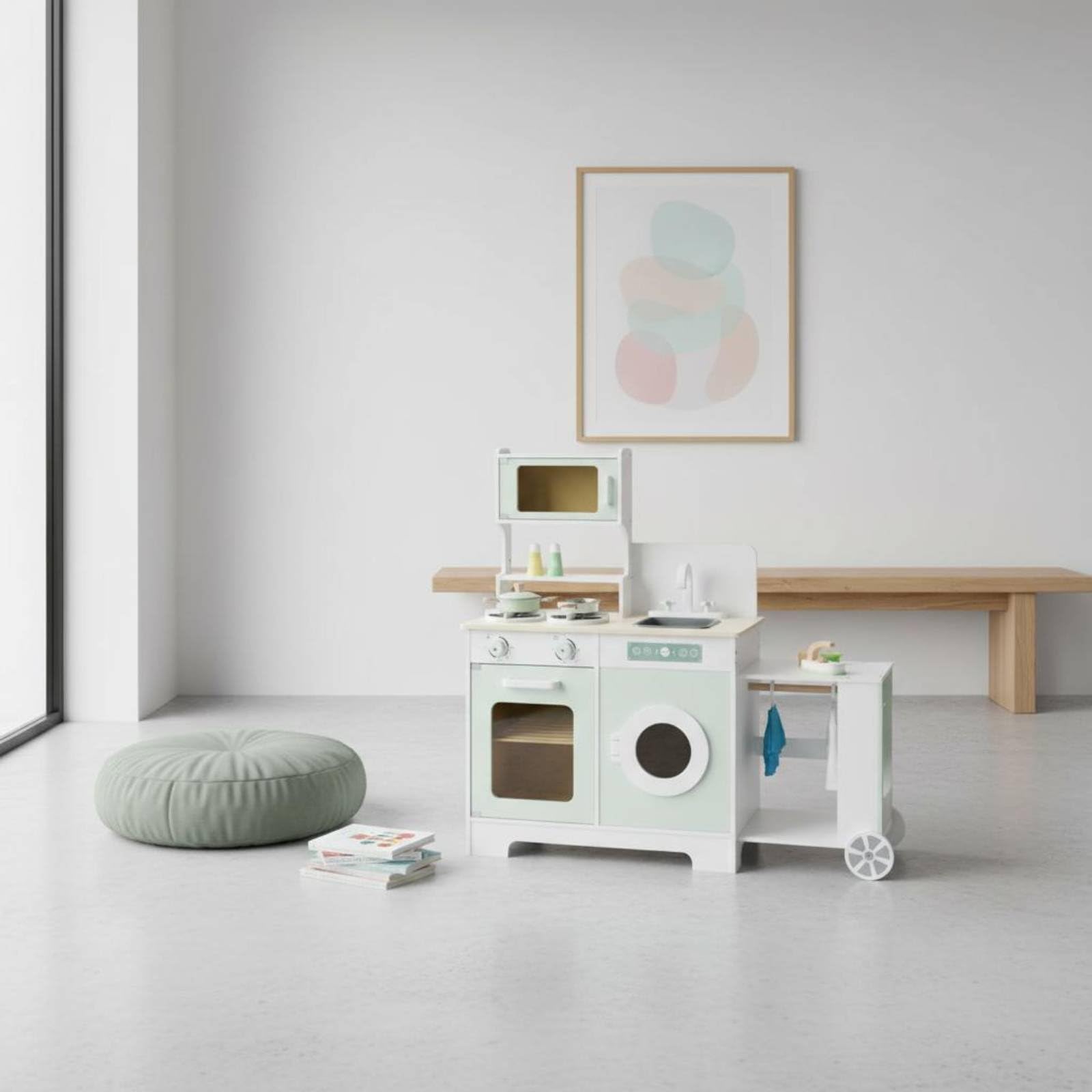 Kinder Spielküche Holz Kinderküche Spielset Küche Spielzeug Kochen Spüle Herd Kühlschrank Mikrowelle Robuste Holzkonstruktion mit Kompaktem Aufbau