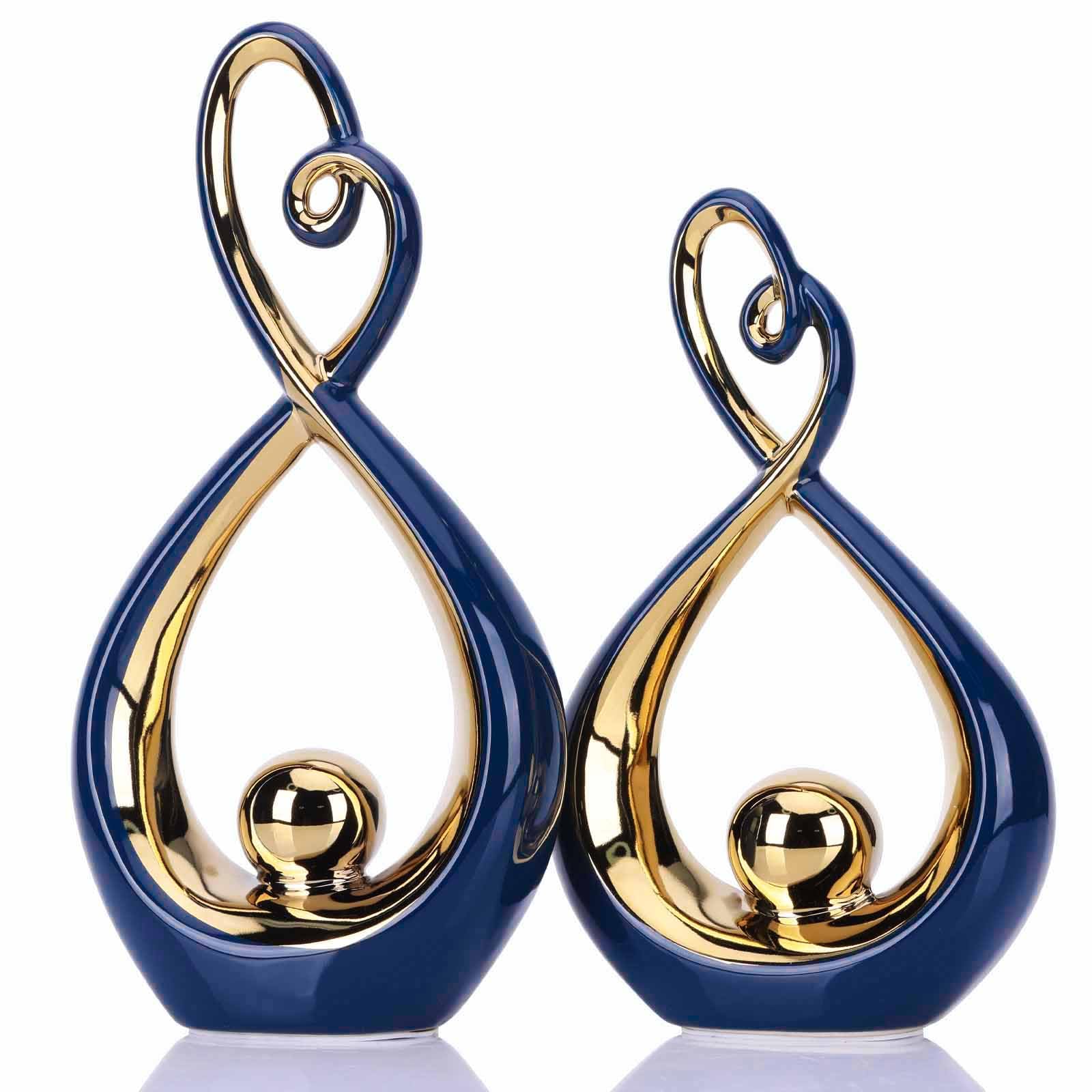DOVDOV Navy Blue Decorations, Ceramic Abstract Sculpture 2 Piece Set, Still and Gold Decorative Statues, Gorgeous Home Decor for Office, Room, Shelf, Coffee Table and Desktop Decor Aesthetics.
