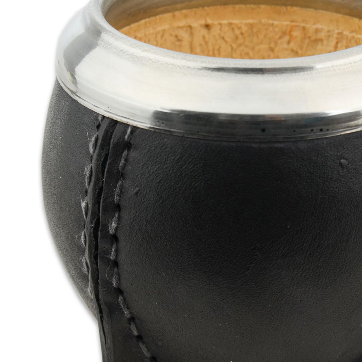 Mate de Calabaza Uruguaya Torpedo Forrado en Cuero - Artesanal, Virola de Acero Inoxidable - Curado Manual - Marrón/Negro