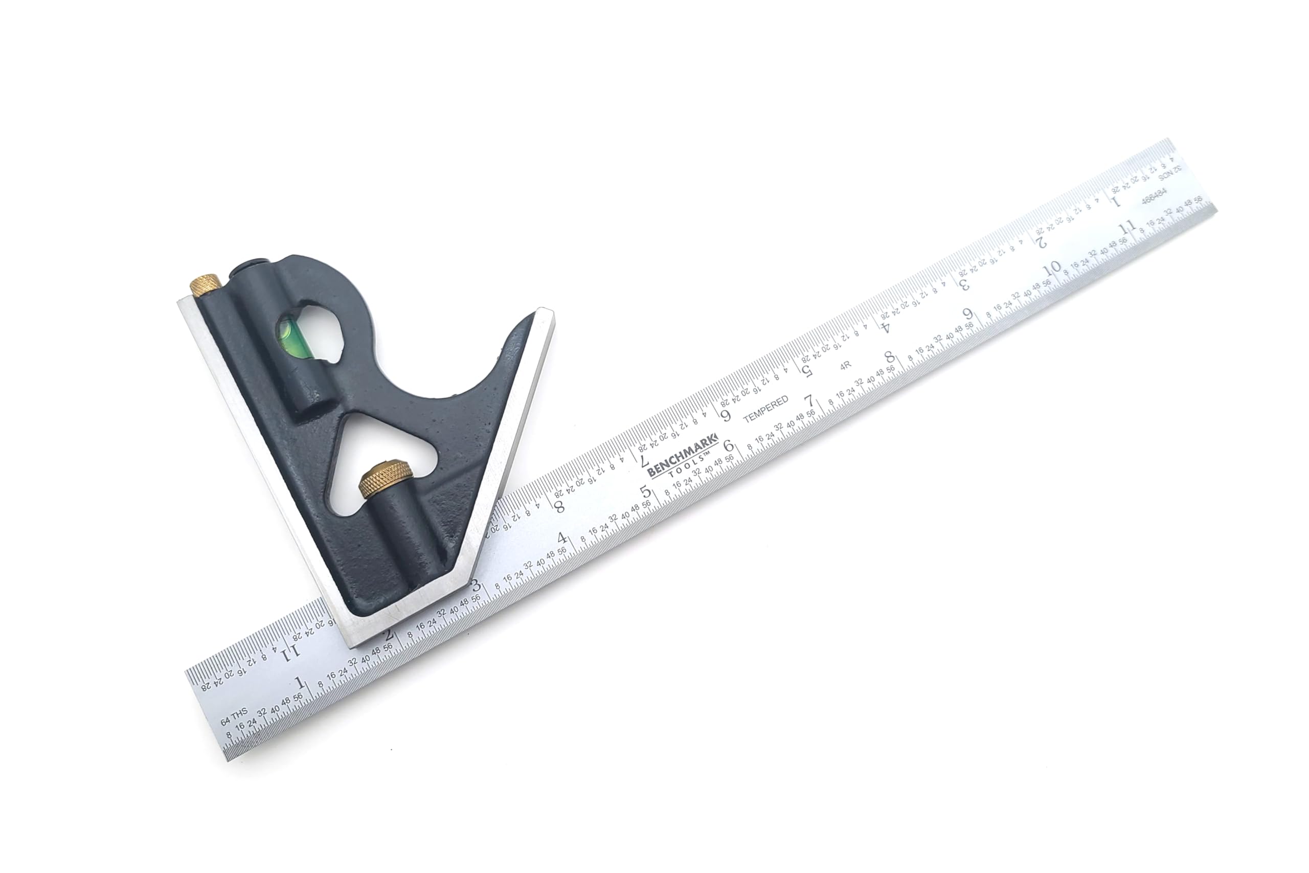 Benchmark ToolsPrecision 12” 2-Piece Machinist Combination Square Set - 12" Blade, No-Glare Satin Chrome Finish, Integrated Spirit Level, Hardened Steel Scribe, Plastic Case with Foam Inserts
