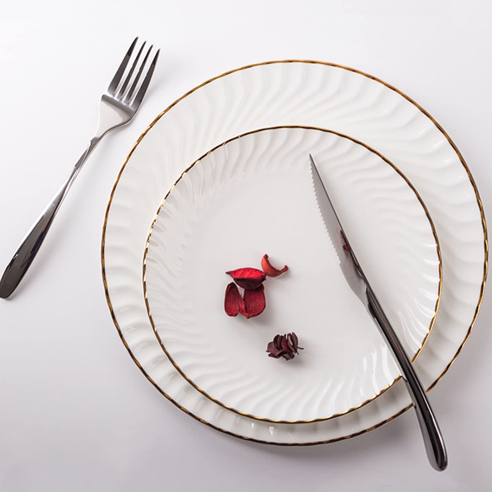 Okrągły zestaw obiadowy, ceramiczny zestaw obiadowy 28 szt., serwis na 6 naczyń, zestawy porcelany stołowej ze złotą obwódką, nowoczesny komplet obiadowy z pełną obsługą, zestawy talerzy i misek,