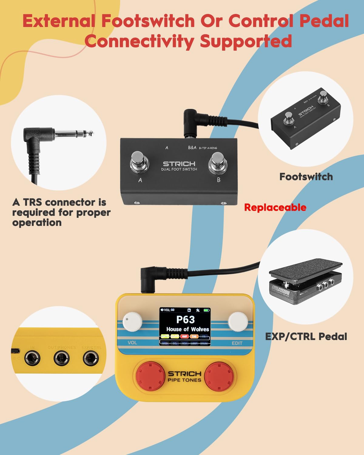 STRICH Pipe Tones Pocket Multi-Effects Processor para guitarra y bajo con pedal 10 módulos 125 efectos Looper 40s 100 ritmos batería Interfaz audio USB Control inalámbrico (Naranja)