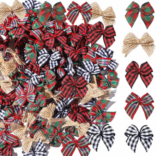 YGDZ 100 PCS Mini Christmas Bows Small Plaid Ribbon Bows for Crafts 1 Inch Tiny Buffalo Plaid Burlap Bows for Christmas Decor Gift Wrapping Christmas Tree Ornament Bows