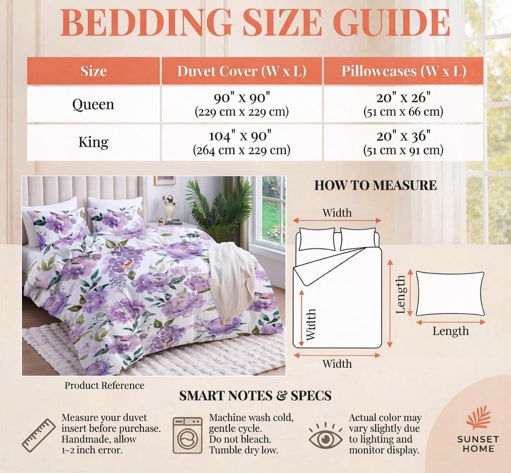 YIYEA Floral Duvet Cover King Size, Premium Double Brushed Microfiber Duvet Cover Set with Pillow Cases for All Season, Zipper Closure, 8 Corner Ties, Comforter Not Included, 3PC, King