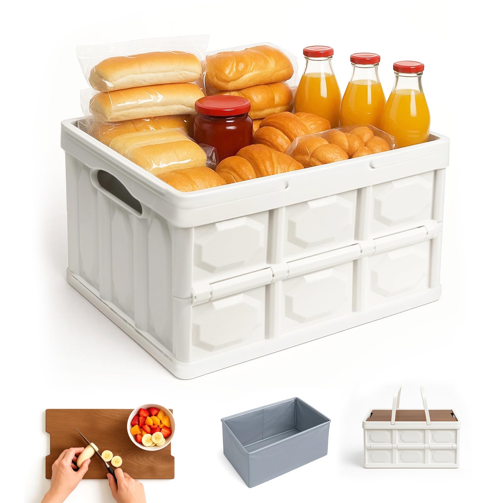 Collapsible Picnic Basket Set for 2 – Insulated Plastic Picnic Basket with Waterproof Bag & Wooden Lid, Large Capacity Stackable Storage Bin for Outdoor, Camping, Picnics, Home Organizing