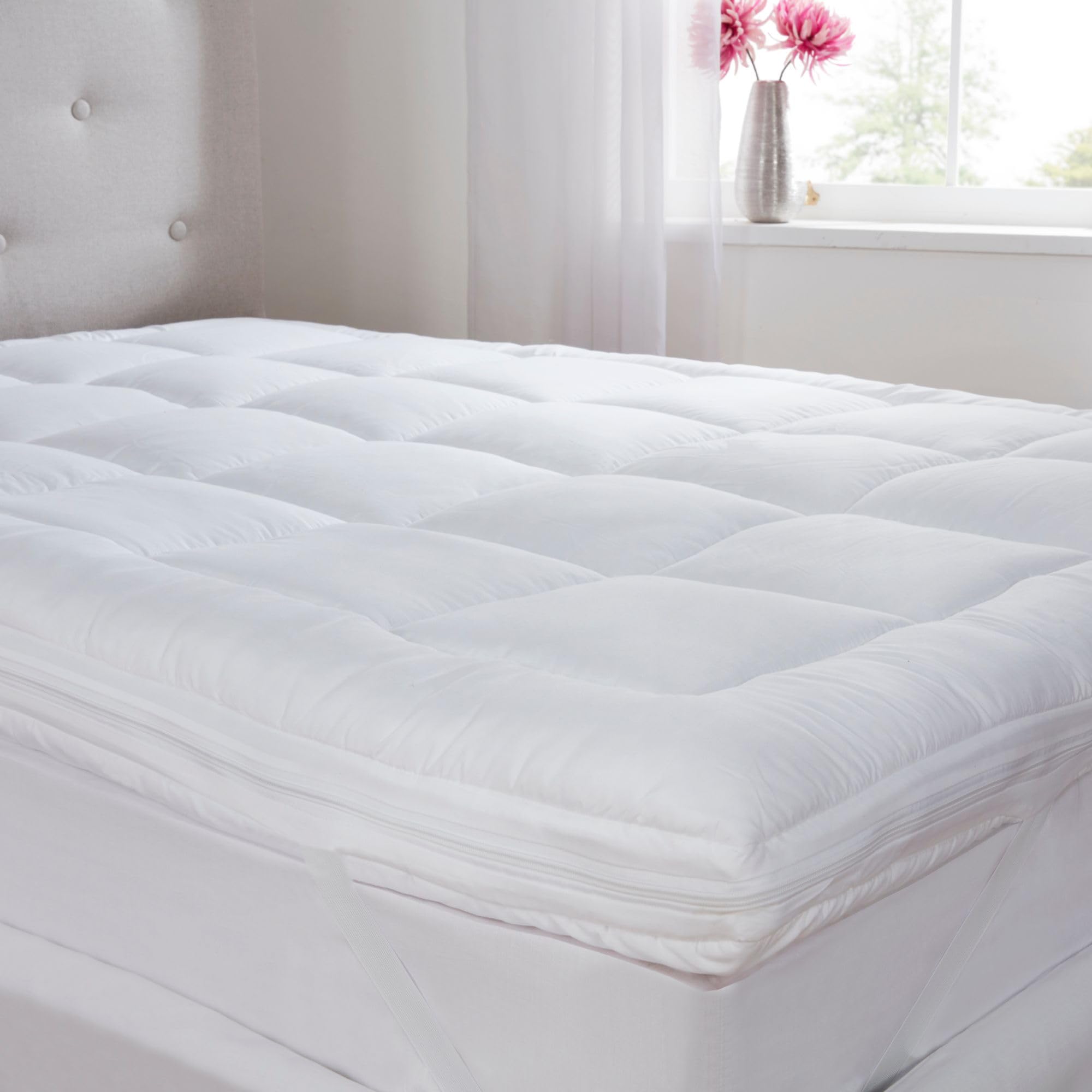 The Fine Bedding Company - Dual Layer Mattress Topper - Deep Fill Hotel Quality - 100% Polyester Filling - Machine Washable (Double)