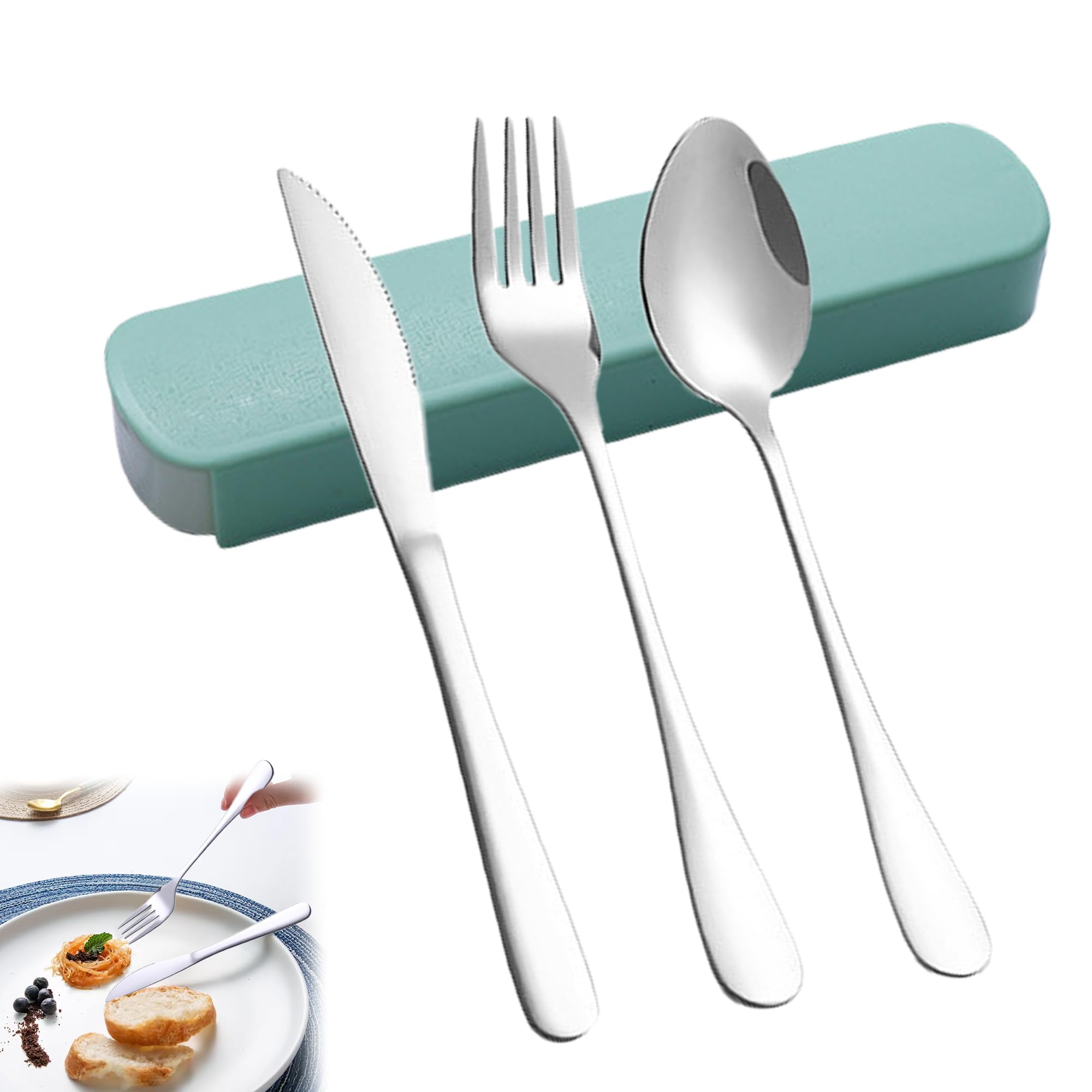 4PCS Portable Metal Cutlery Travel Set including Case - Reusable for Camping Picnic, School, Office, and Outdoor Use (Green)