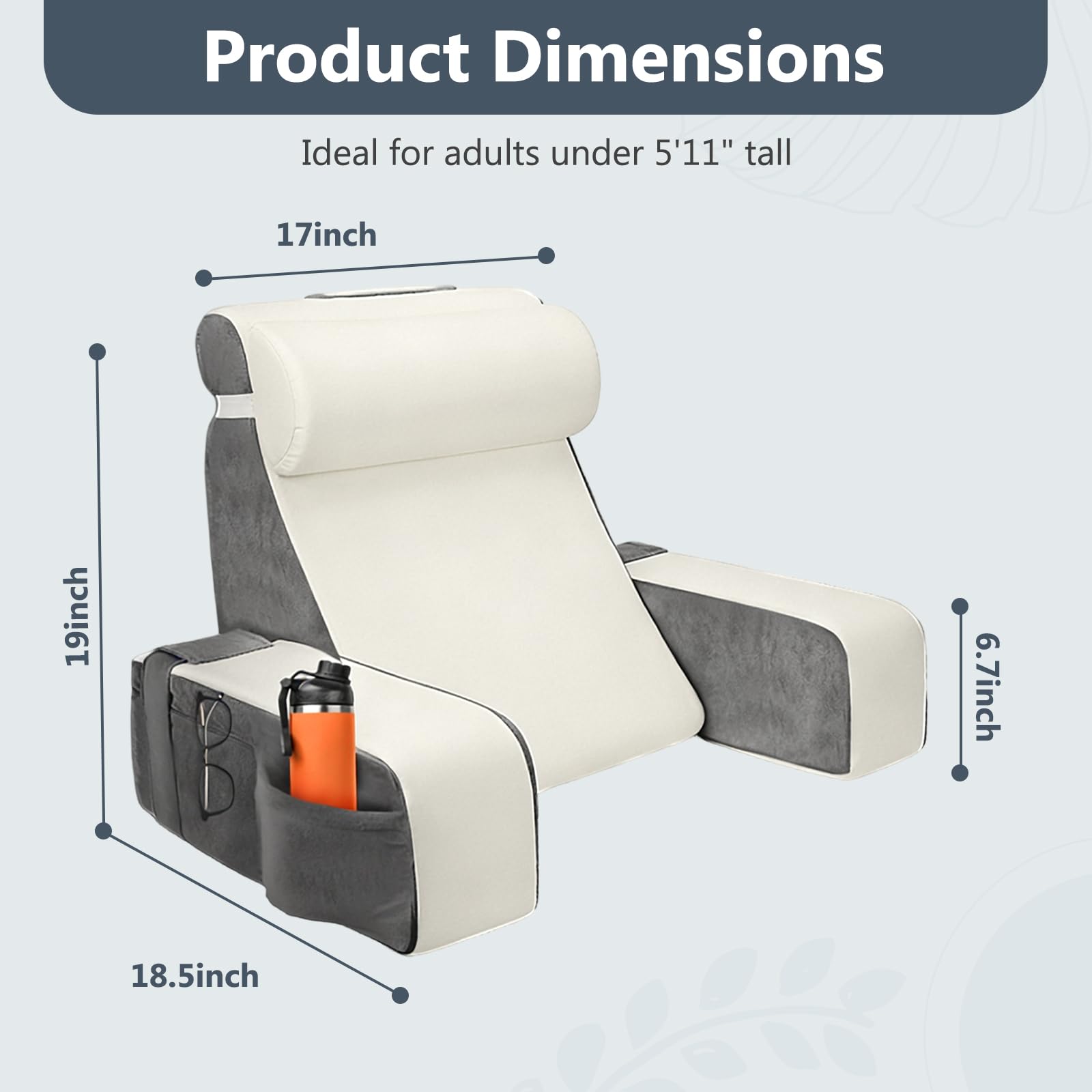 Lesekissen für Bett und Sofa,Rückenkissen Bett mit Abnehmbarer Nackenrolle & Armlehne,Ergonomisches Erwachsenen Rückenkissen mit Waschbarem Bezug, Rückenstützkissen zum Lesen/Fernsehen (Grau+weiß)