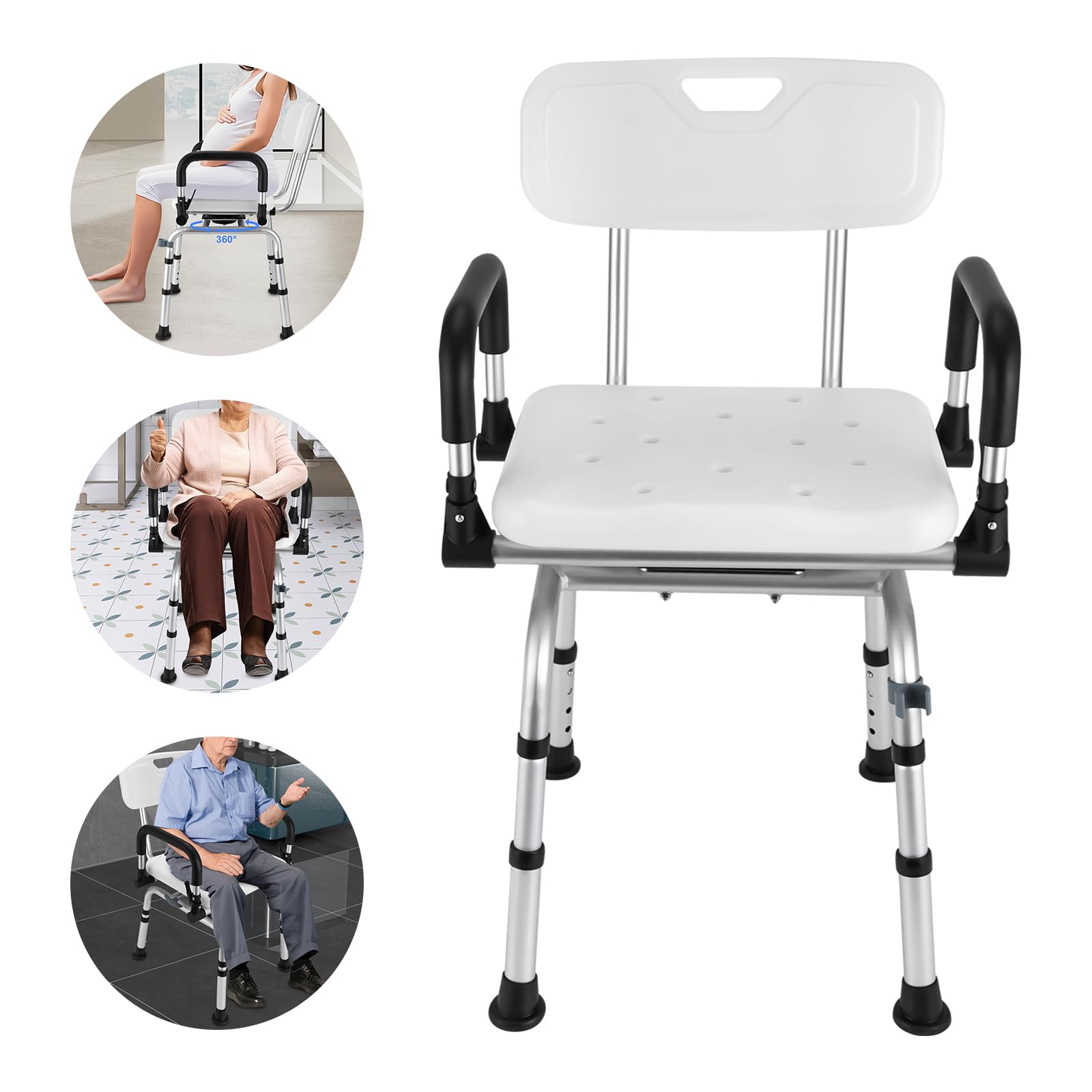 Silla de ducha de 360° con respaldo y reposabrazos, altura regulable, taburete de ducha hasta 180 kg, antideslizante, silla de ducha para discapacitados, personas mayores y embarazadas