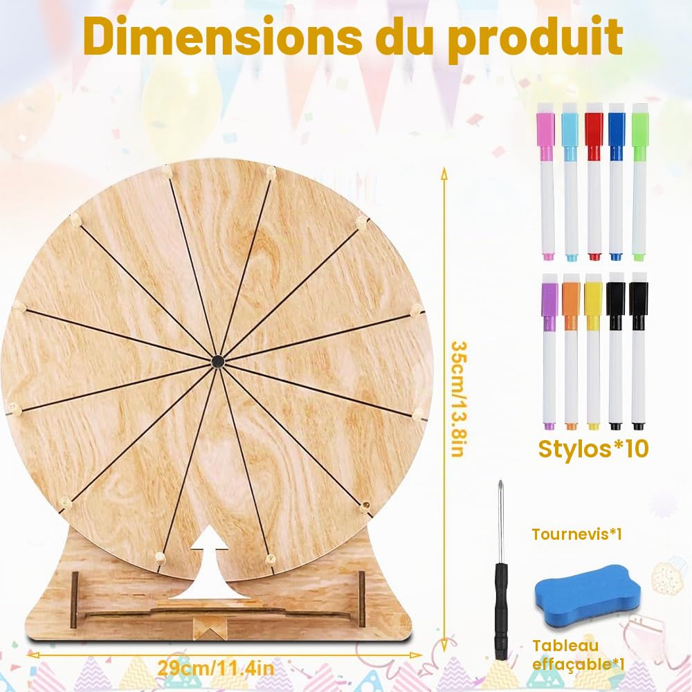Roue de la Fortune, TGKYK 30cm 12 Slots Roue de Prix en Bois avec Gomme, Marqueur et Tournevis, Roue de la Chance, Kit de Roue de Récompense pour Mariages, Fêtes, Écoles (Couleur Bois)