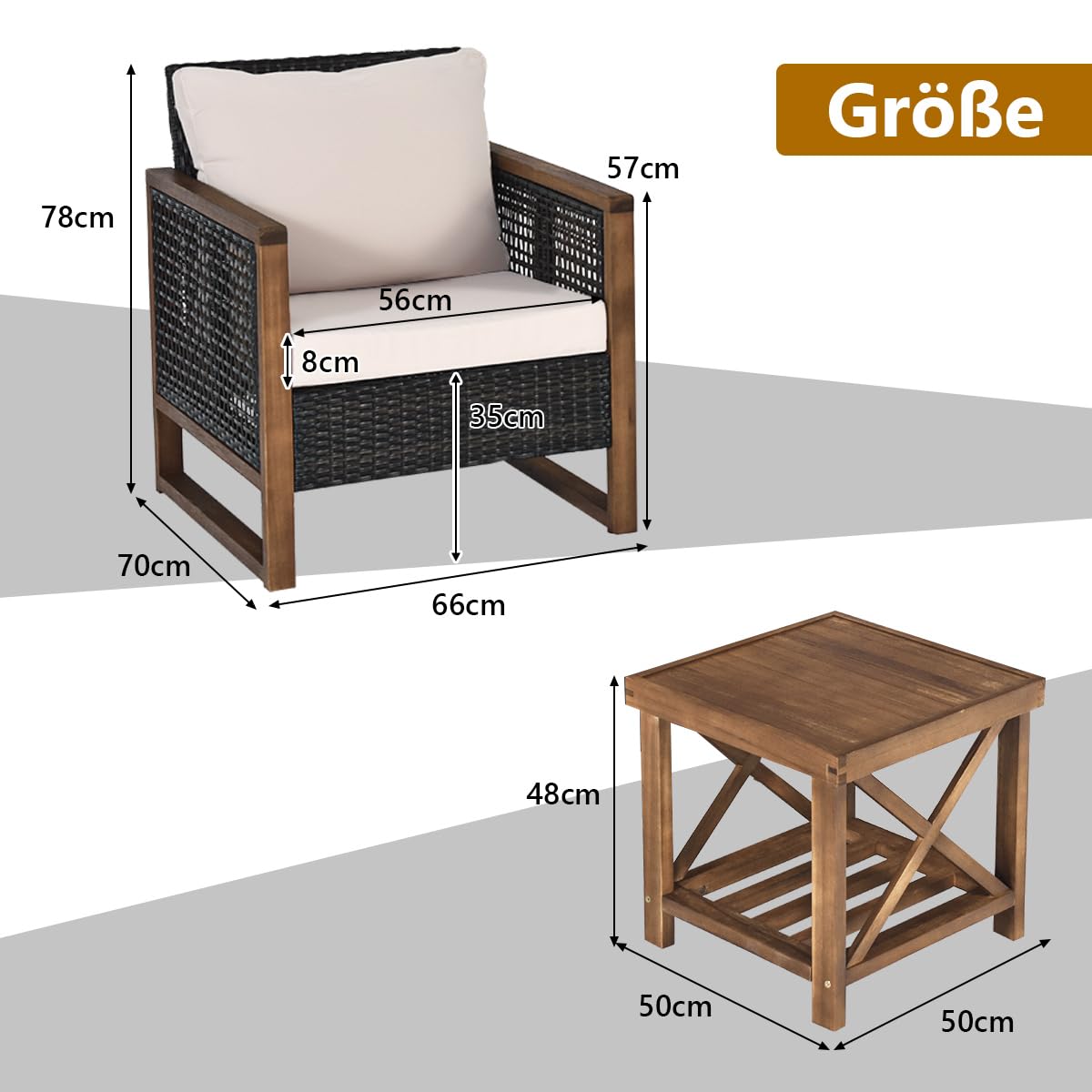 Giantex Rattan Gartenmöbel Set 3 teilig, Balkonmöbel Set 2 Personen, Gartensitzgruppe Lounge Set 2 Sessel mit Holztisch, Gartengarnitur Sitzgruppe Gartenlounge Set inkl. waschbarer Kissen