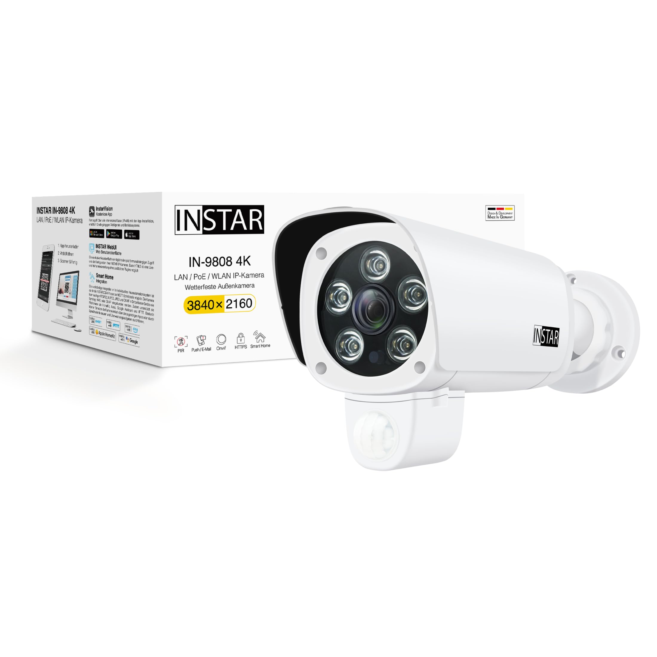 INSTAR IN-9808 4K Überwachungskamera Außen weiß, LAN/WLAN/PoE, HomeKit Secure Video, AI-Personenerkennung, IR-Nachtsicht, Mikrofon, Audio, PIR, RTSP, WPA3, MQTT, NDAA/TAA
