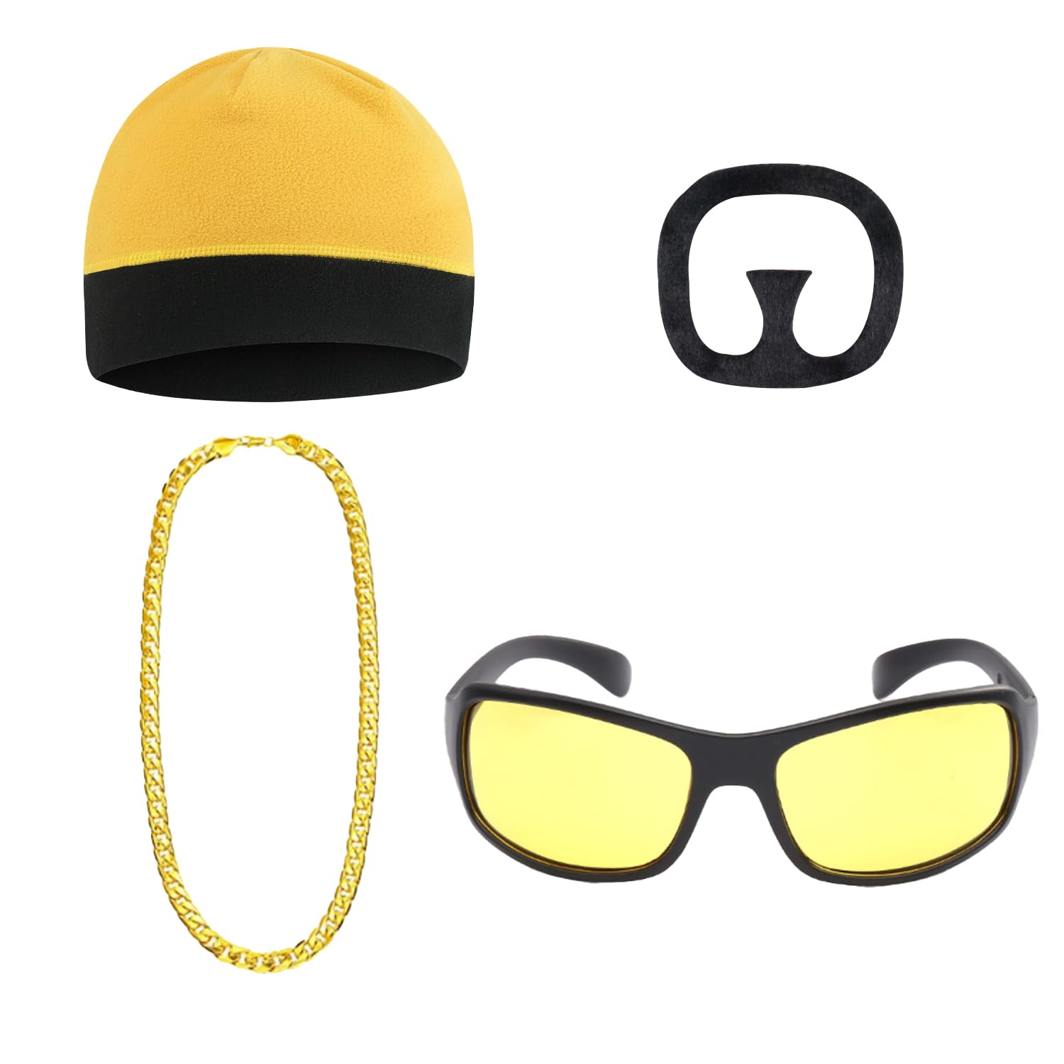 XNFUOE 4pcs 90s Celebrity Costume 90s Fancy Dress Accessories Kit Yellow Sunglasses Hat Black Goatee Gold Chain for Carnival Parties Halloween