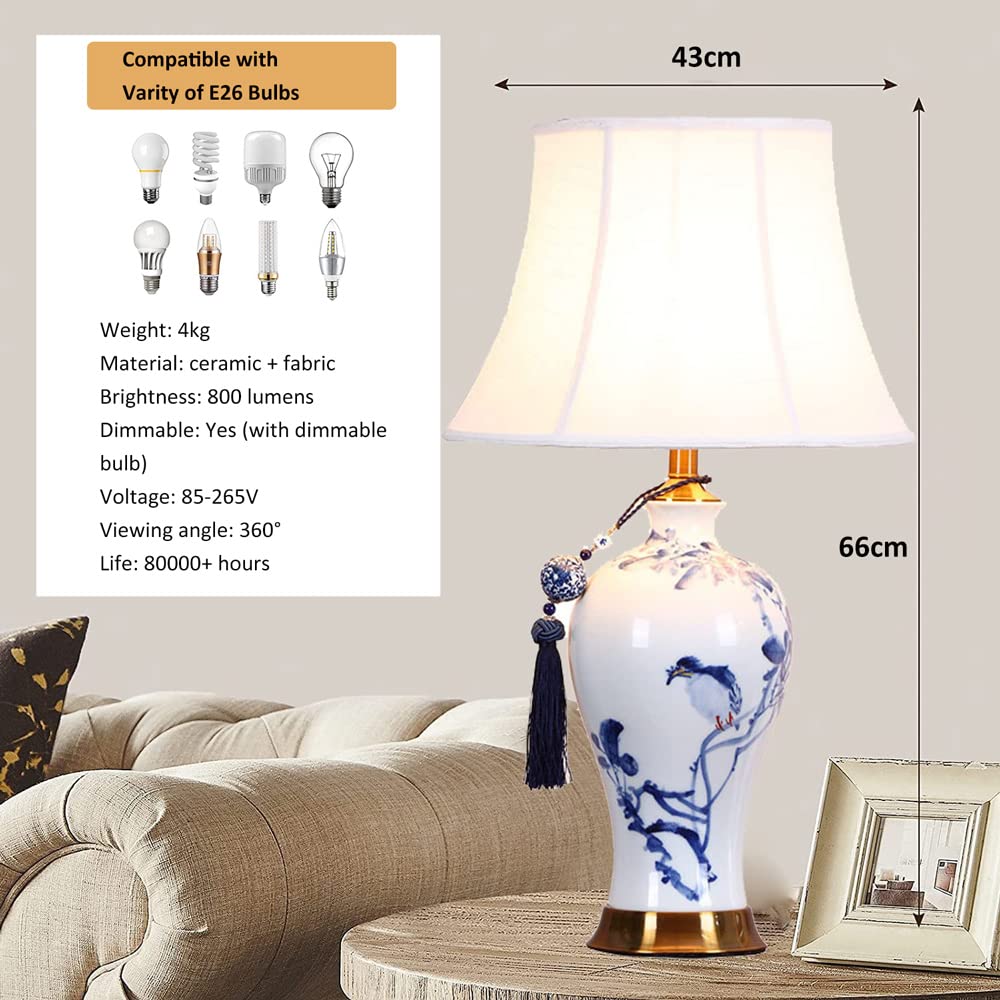 TAMYUSE Lámpara de Mesa de cerámica Jingdezhen Azul clásica, Pantalla de Campana de pájaro y Flores para luz de Tarro de Jengibre, lámpara de cerámica Oriental Grande, Regalo de bendición de la casa