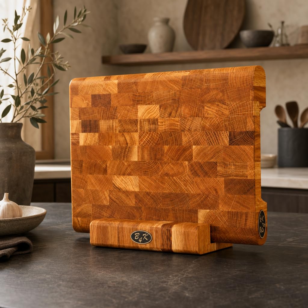 B4K® Schneidebrett 35 × 25 cm aus Eichen-Stirnholz Inkl. Ständer | Hackblock mit Ständer, Abgerundete Kanten, Rutschfest mit Silikonfüßen, Griffmulden, Ideal für Küche & BBQ